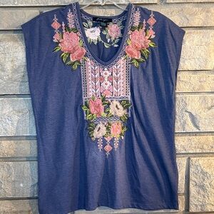 Faith & Zoe Blue Top with Pink Floral Embroidery